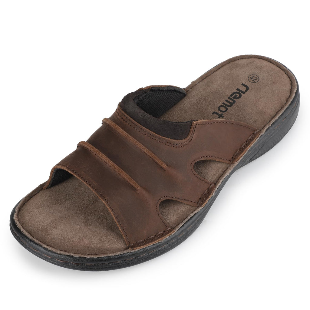 Men's Leather Slide Sandals, Mesh Lined, Memory Foam Brown US11/EU44