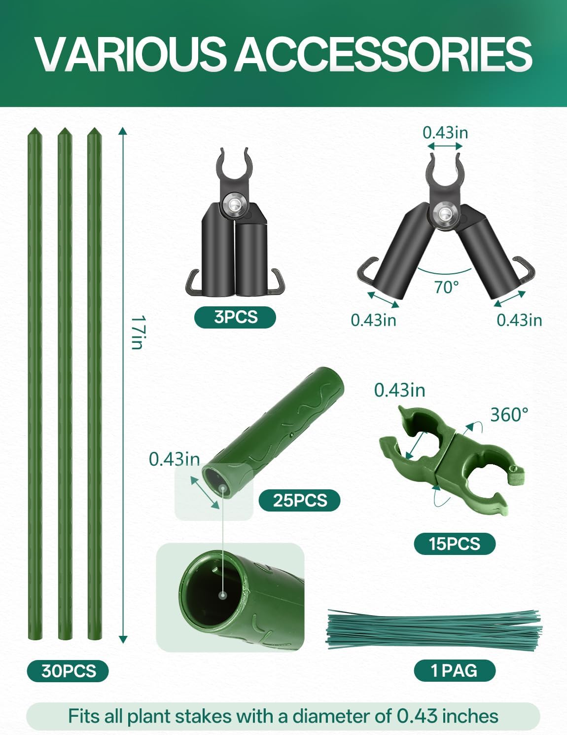 Garden Trellis for Climbing Plants Outdoor, 30 Pack 17" Tomato Stakes Set with Clips & Connectors,Garden Plant