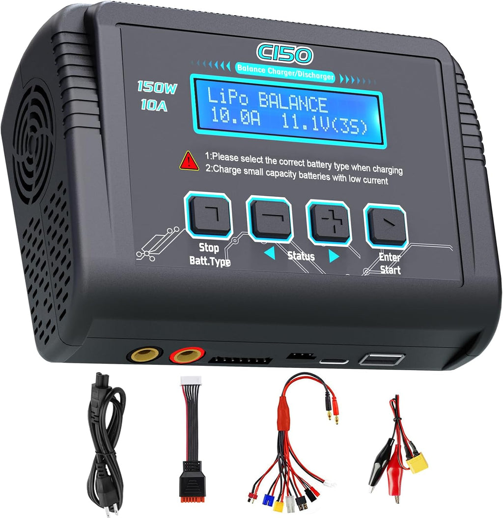 Lipo Battery Charger, 1-6S Balance Charger Discharge 150W 10A AC/DC for Li-Po Li-Hv Ion Fe NiMH NiCd Pb Hobby