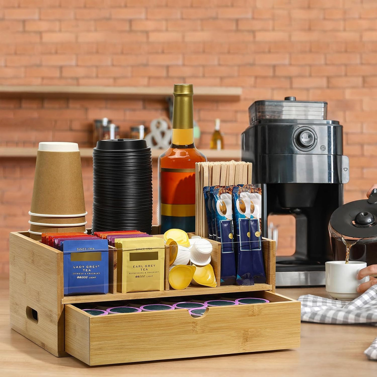 Bamboo Coffee Station Organizer with Drawer for Countertop