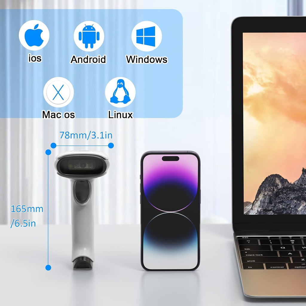 Bluetooth 2D Barcode Scanner 3-in-1 Wireless & USB Wired & Bluetooth Barcode Reader Scanner 1D 2D QR Code Scanner