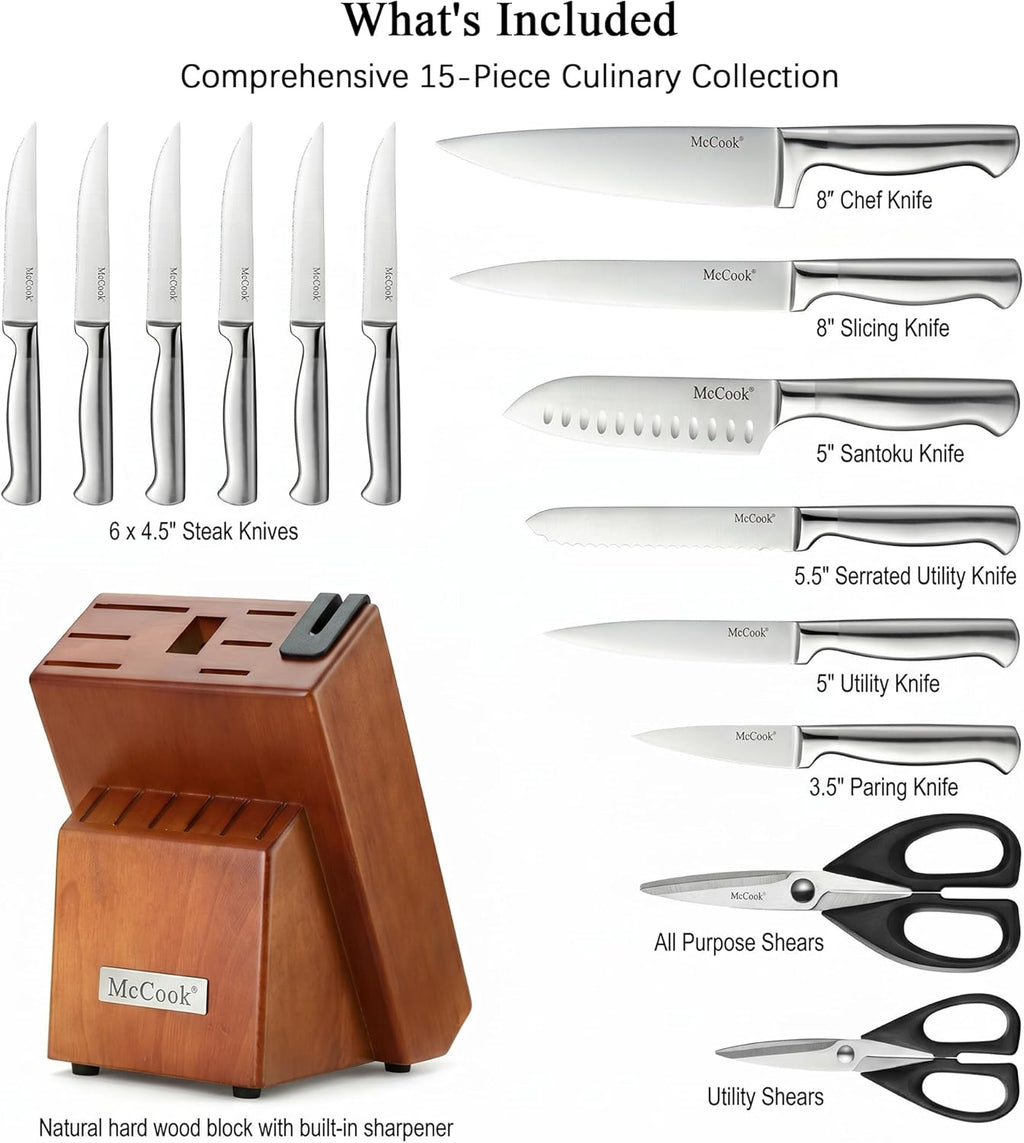 Kitchen Knife Set 15PC Knife Block Set w Built-in Sharpener
