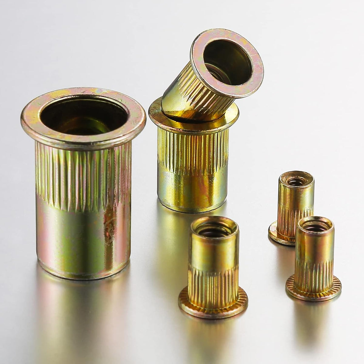Wensilon Rivet Nut 10-32UNC 200Pcs Yellow Zinc Plated Finish Flat Head Rivnut Threaded Insert Nut Knurled Body