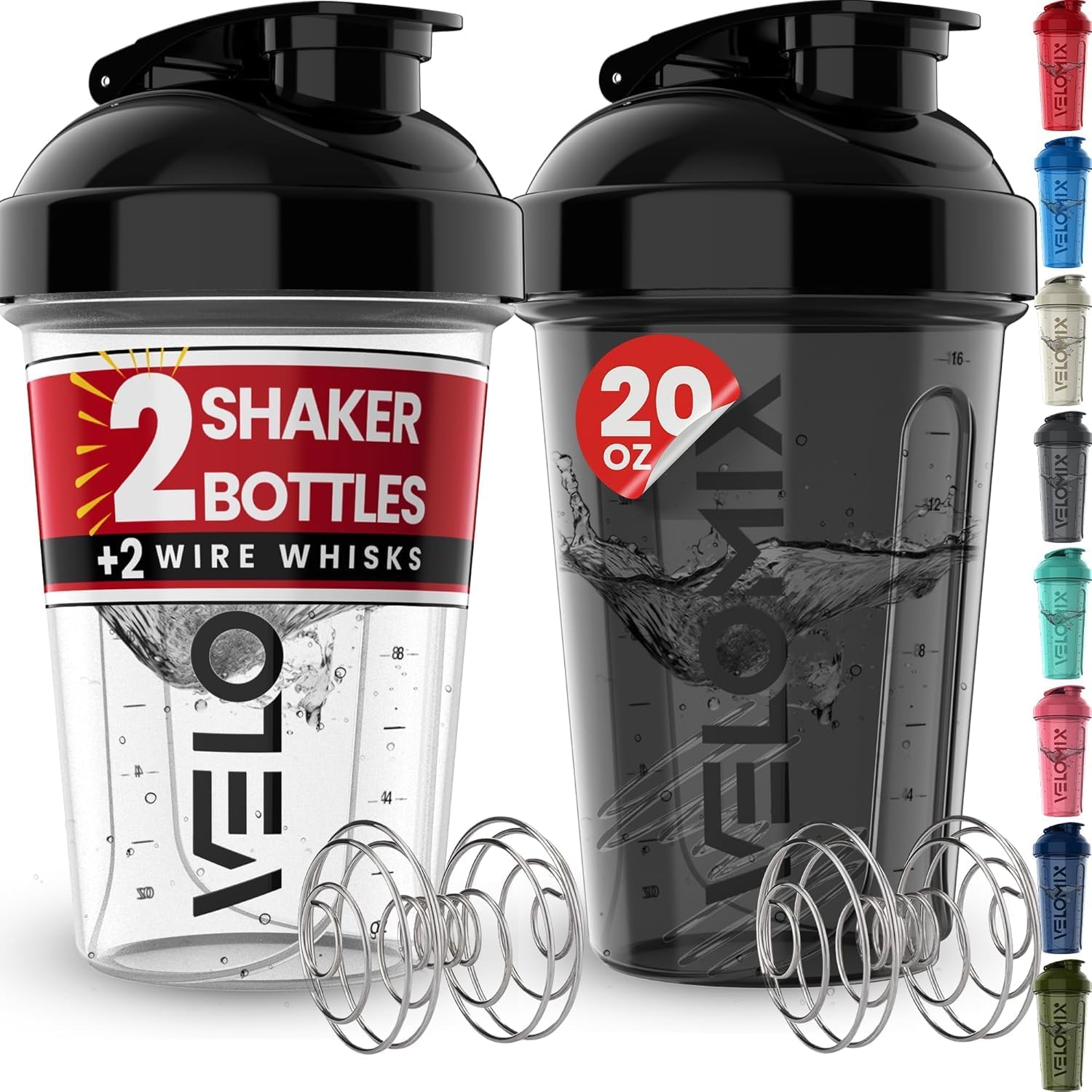 2 Pack 20oz Protein Shaker Bottle for Protein Mixes, Black/Transpar | 2x Wire Whisk, Leak Proof Shaker Cups for