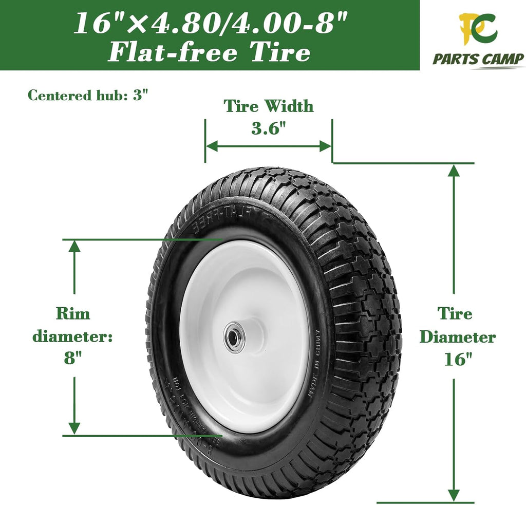 4.80/4.00-8" Flat Free Wheelbarrow Tire and Wheel - 16" Universal Fit for Garden Wagon, Cart, Trolley, Dolly - 5/8" &