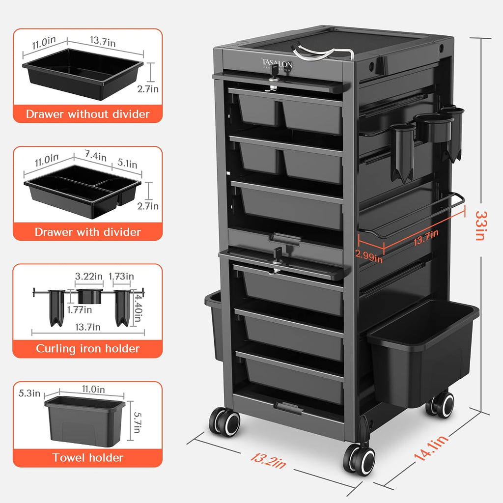 Professional Rolling Salon Cart, 6-Drawer Storage Trolley with Tool Holders, 33-Inch Height,Barber Shop Hairdressing