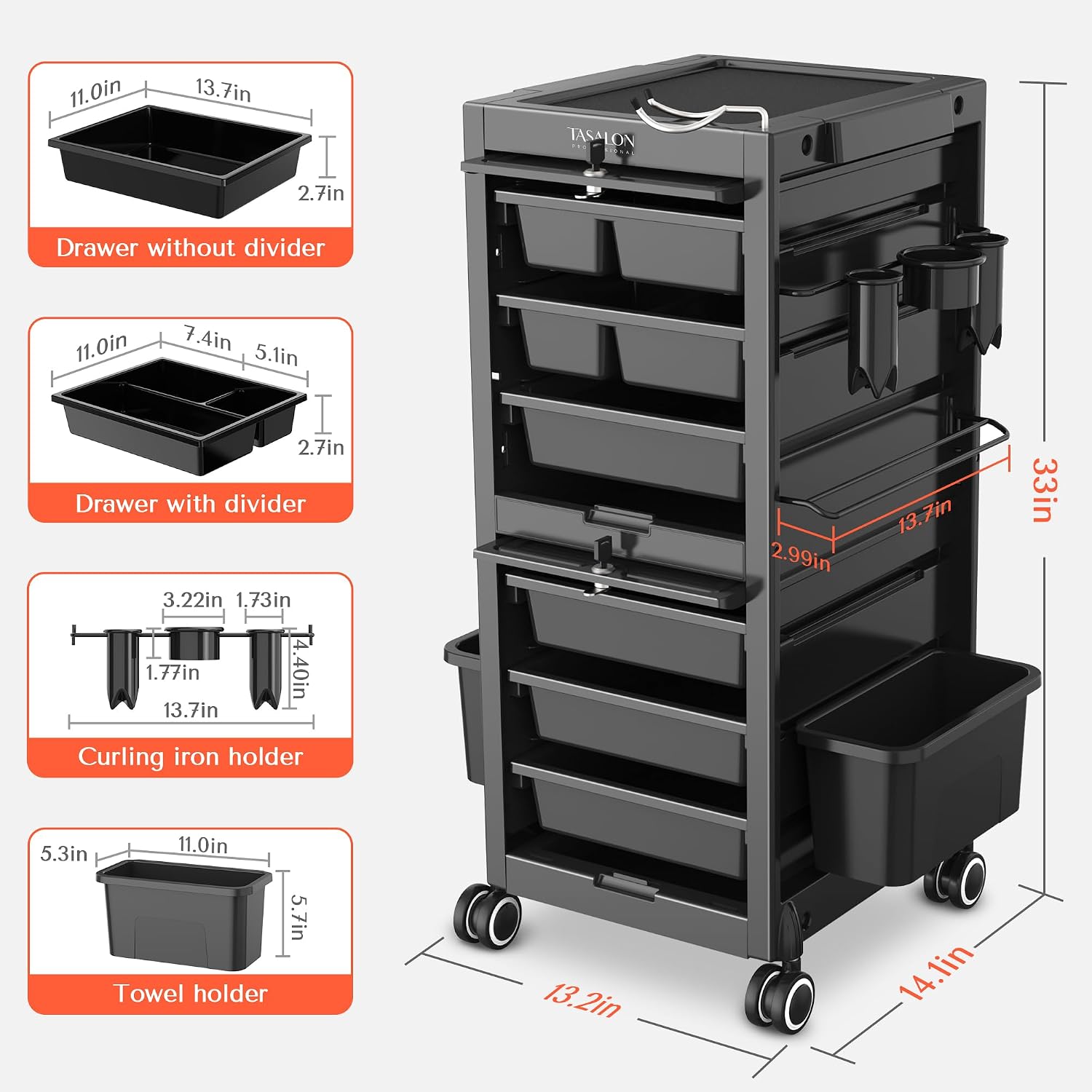 Professional Rolling Salon Cart, 6-Drawer Storage Trolley with Tool Holders, 33-Inch Height,Barber Shop Hairdressing