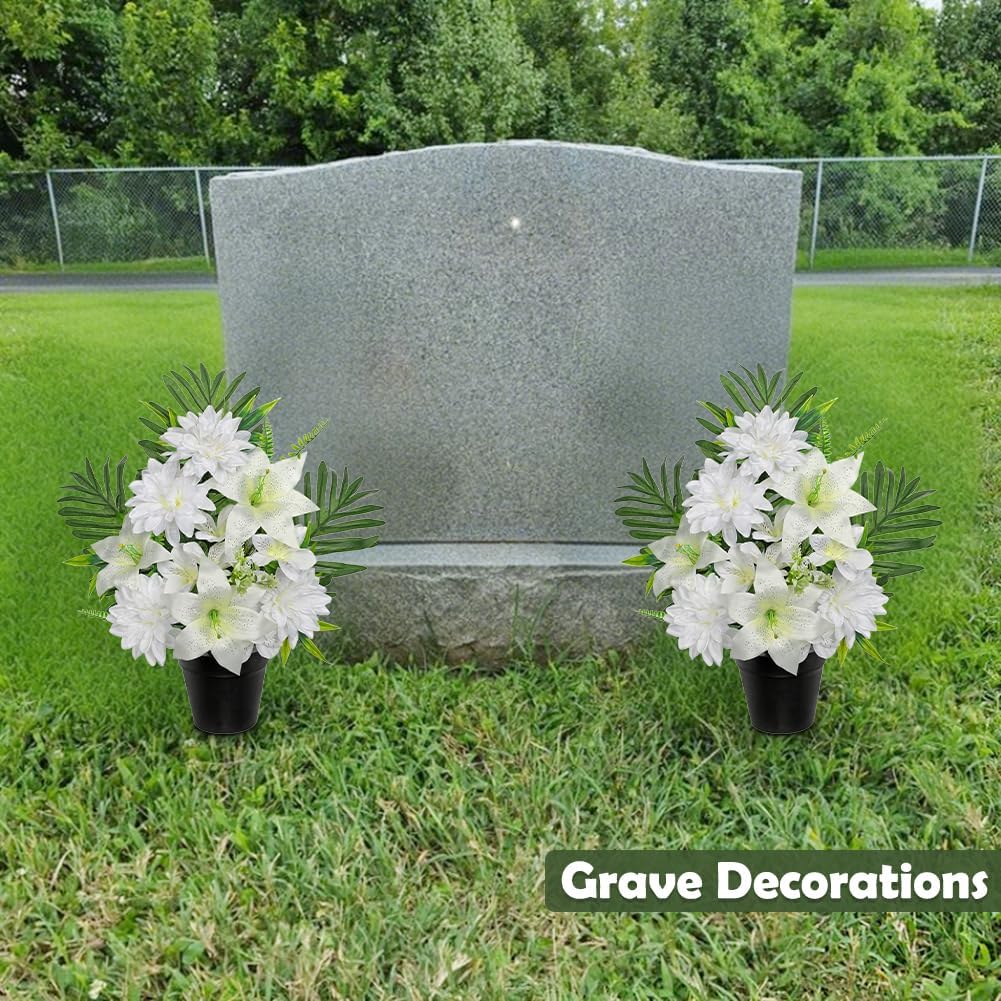 Artificial Cemetery Flowers in Pot Funeral Flowers Arrangements 18.8in Silk White Potted Lily Dahlia Memorial Flower