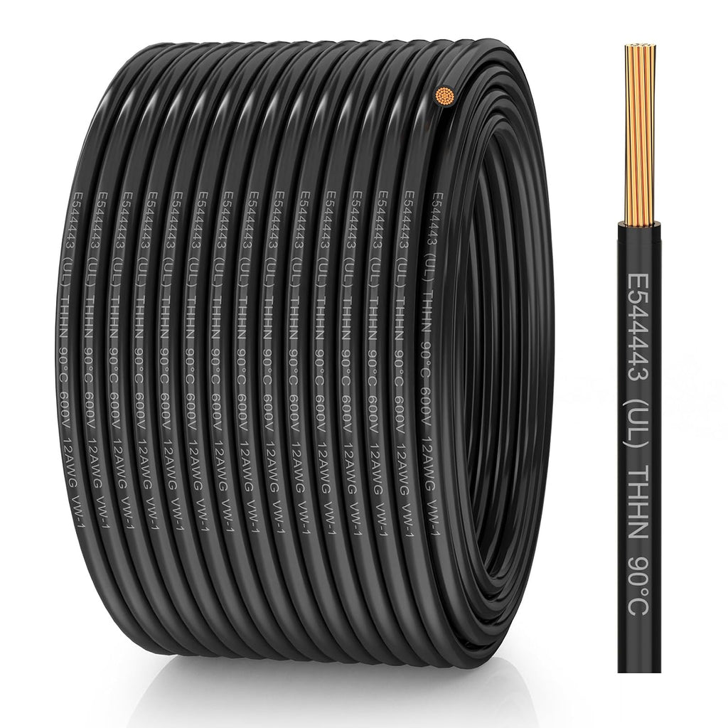 12 Gauge THHN Wire, Stranded Oxygen-Free Copper Wire, Black, 100FT