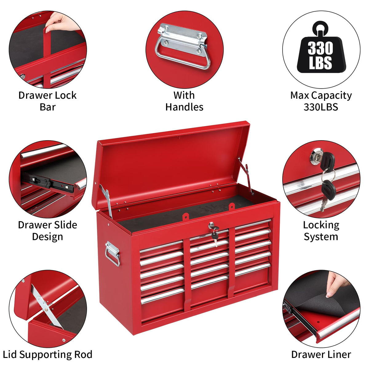 24" Metal Portable Tool Box with 5 Drawers, Lockable, Red