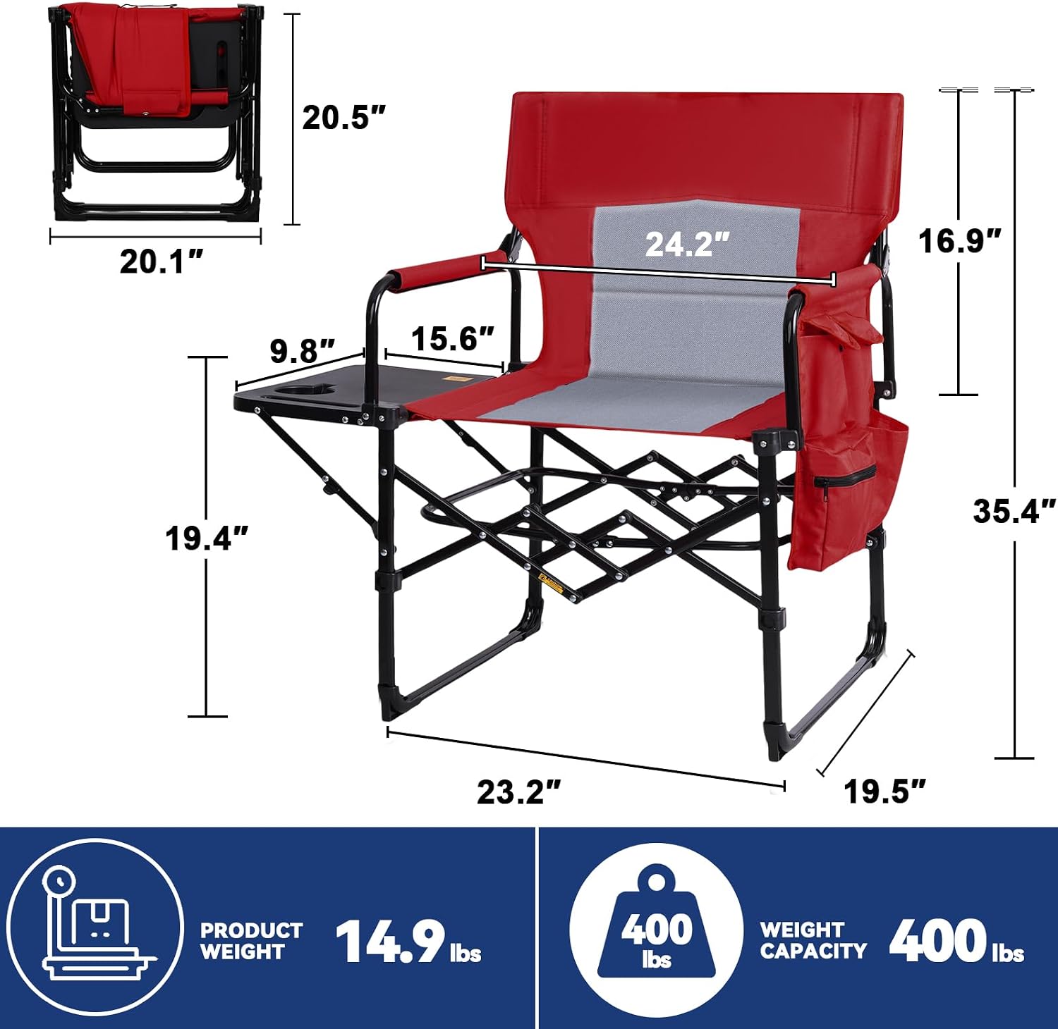 2Pack Director Chairs for Outdoor, Folding Camping Chair, Compact Directors Chair Side Table and Side Bag, Heavy Duty
