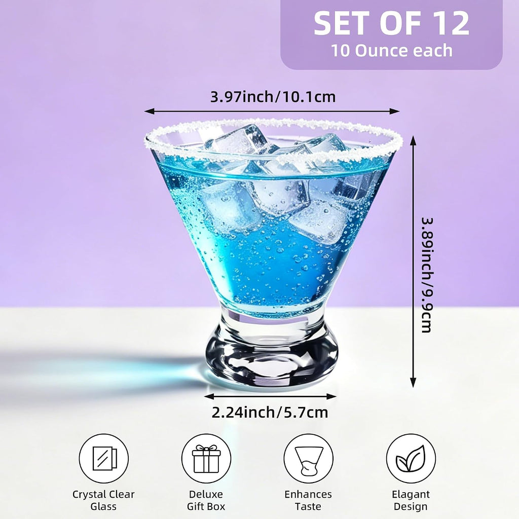 Stemless Martini Glasses Set of 12, 10 Oz Heavy Base Wine Cup Clear