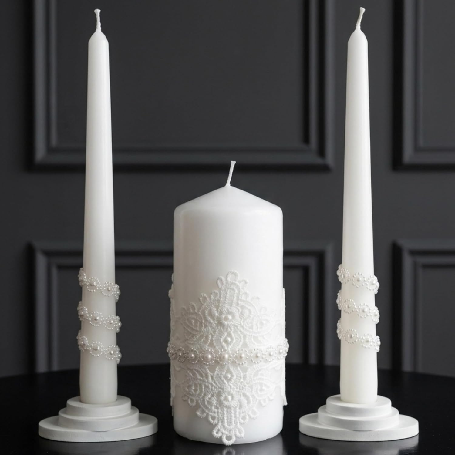Lace Elegance Unity Candle Set for Wedding Ceremony & Reception, White Unity Candles with Pearl Decor, 6” Pillar &