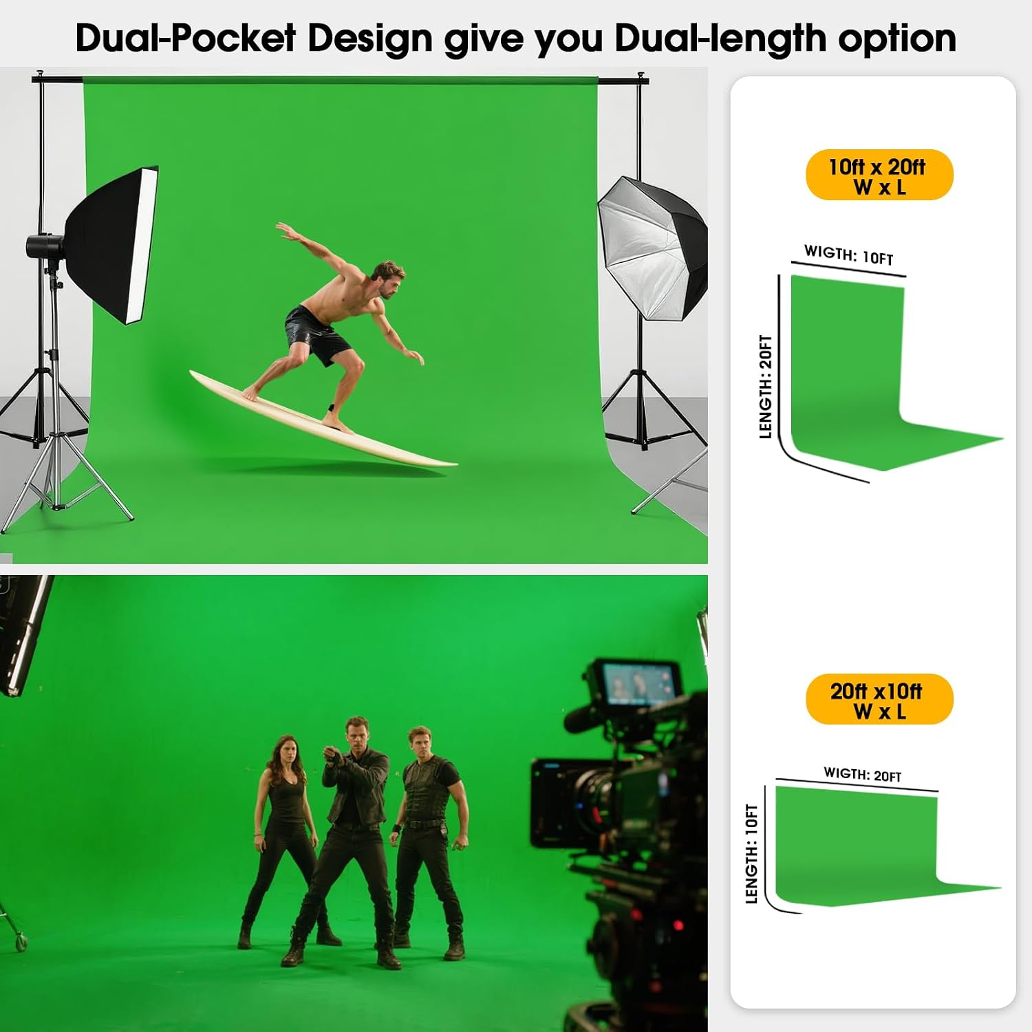 10x20ft Green Screen Backdrop for Photography, Dual-Size Dual-Pocket Design Chromakey Background for Photoshoot and