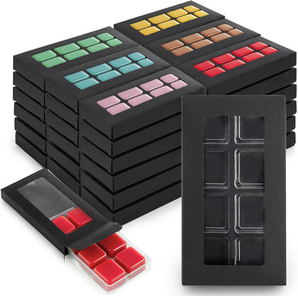 100 Pack Wax Melt Containers, Black Kraft Paper Gift Boxes with Window and 8 Cavity Plastic Molds for Wax Melt