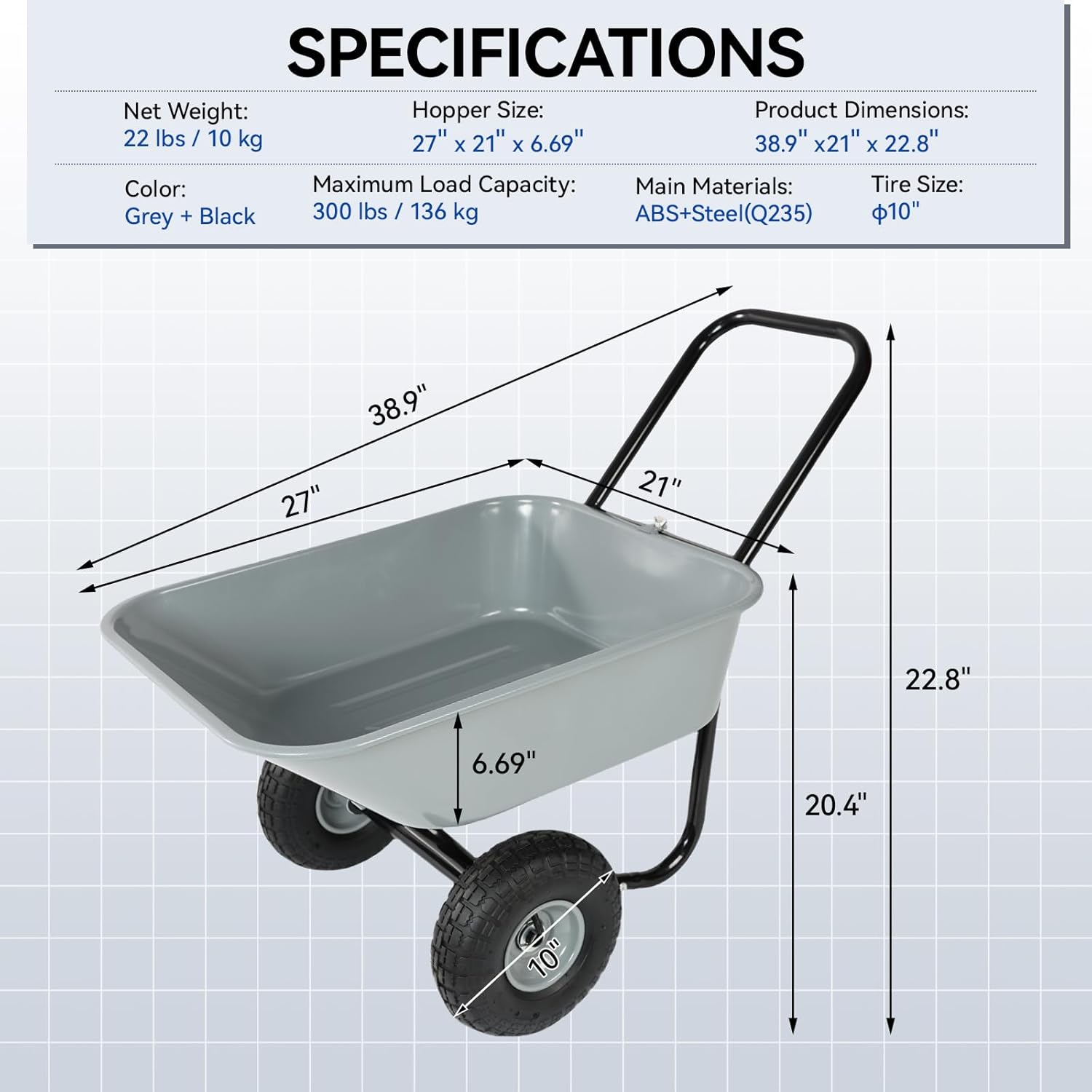 Dual Wheel Garden Wheelbarrow,Heavy Duty Yard Cart with 10“/15" Pneumatic Tires, Rustproof Poly Tray & Steel Handle