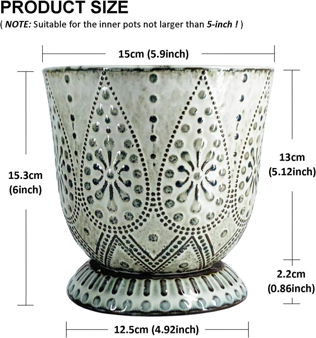 6 Inch Beaded Ceramic Planter Set of 2 with Drainage Hole and Saucer for Plants, Indoor-Outdoor Large Round Succulent