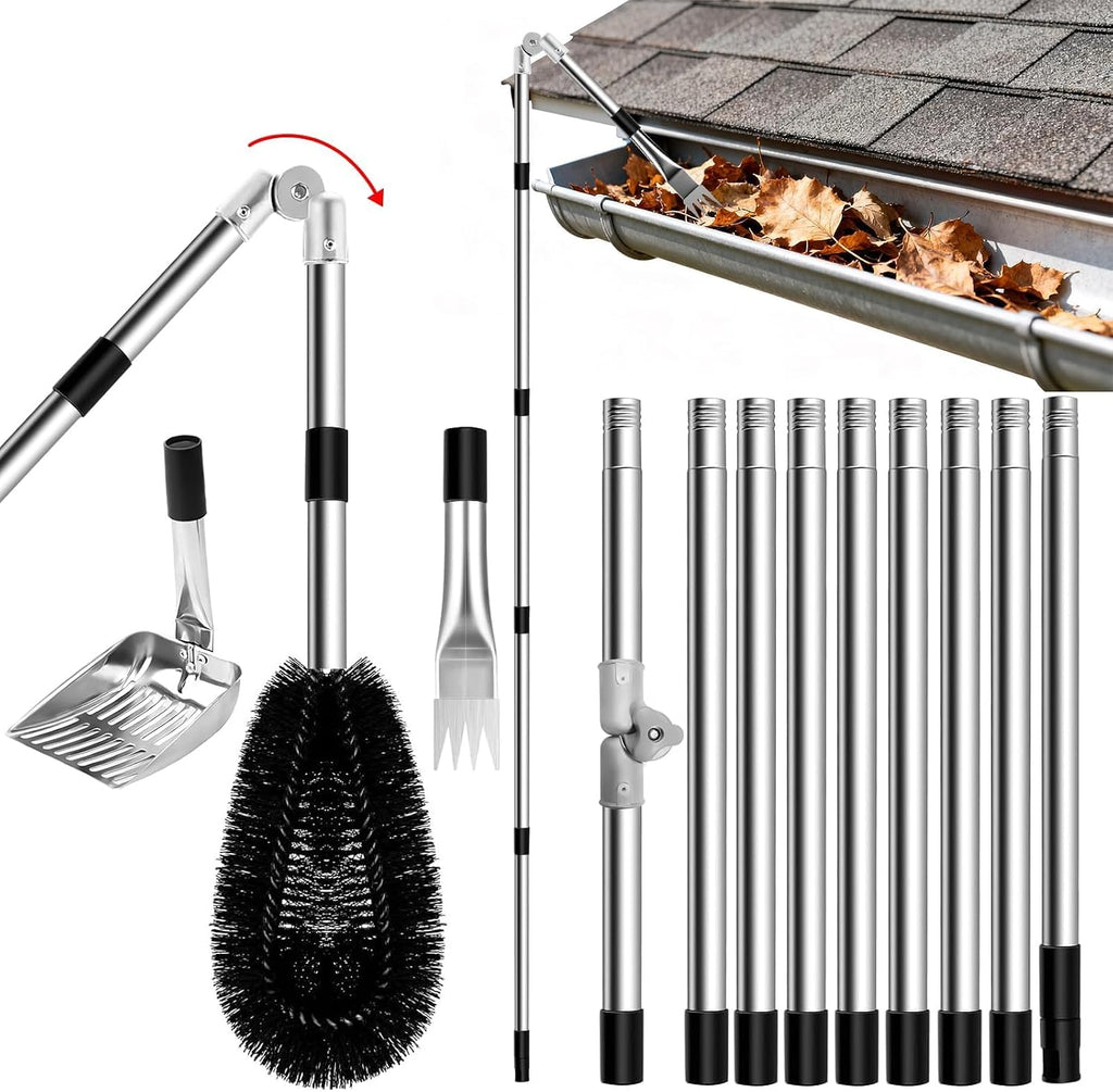 13.12FT Adjustable Gutter Cleaning Tool with Replaceable Brush Rake Scoop