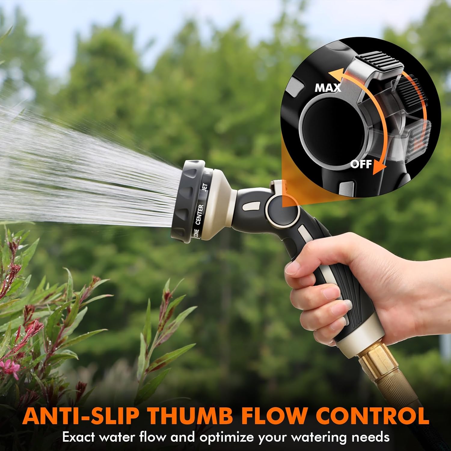 Hose Nozzle Heavy Duty, Metal Water Hose Sprayer for Garden, 9 Spray Patterns | High Pressure | Thumb Flow Control |