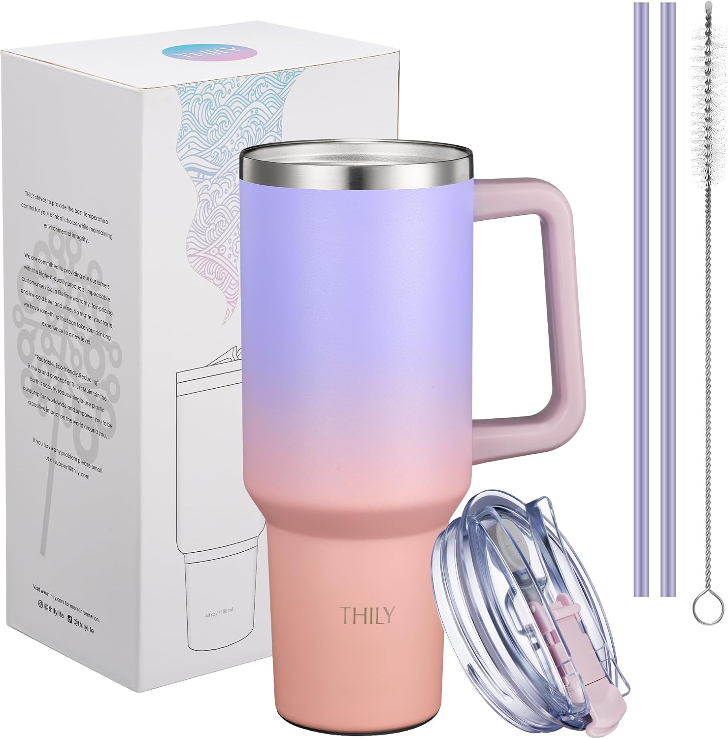 40 oz Stainless Steel Tumbler with Handle - Vacuum Insulated Travel Cup, Splash-Proof & Leakproof Lid, 2 Straws &