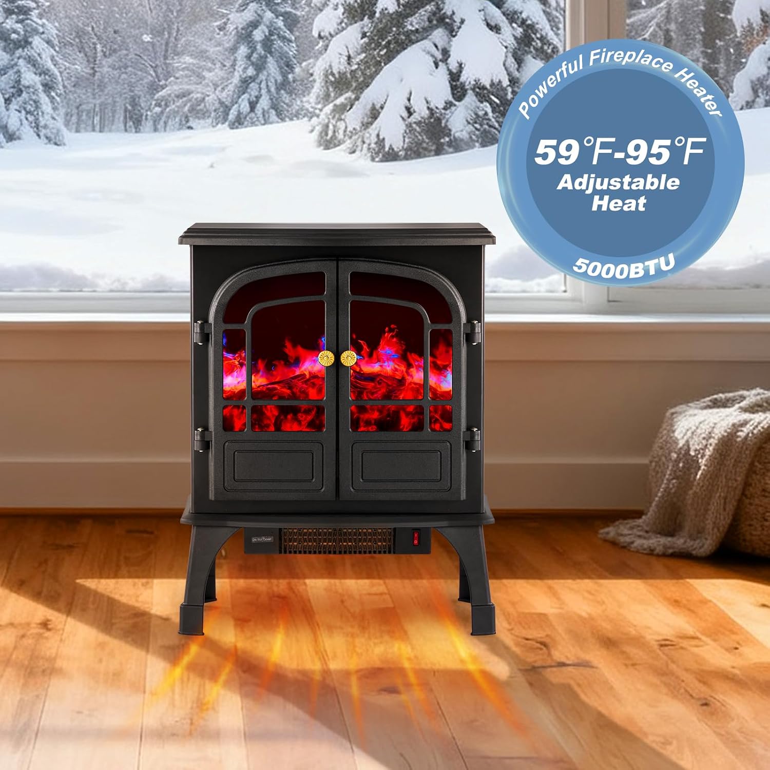Electric Fireplace Heater, 26" Freestanding Two Door Electric Fireplace Stove with 3D Flame Effect & Remote Control