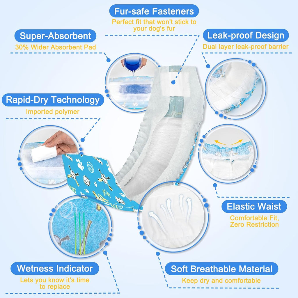Dog Diapers Male 40ct, Widened Disposable Male Dog Wraps, SuperAbsorbent Doggie Belly Bands with Wetness Indicator