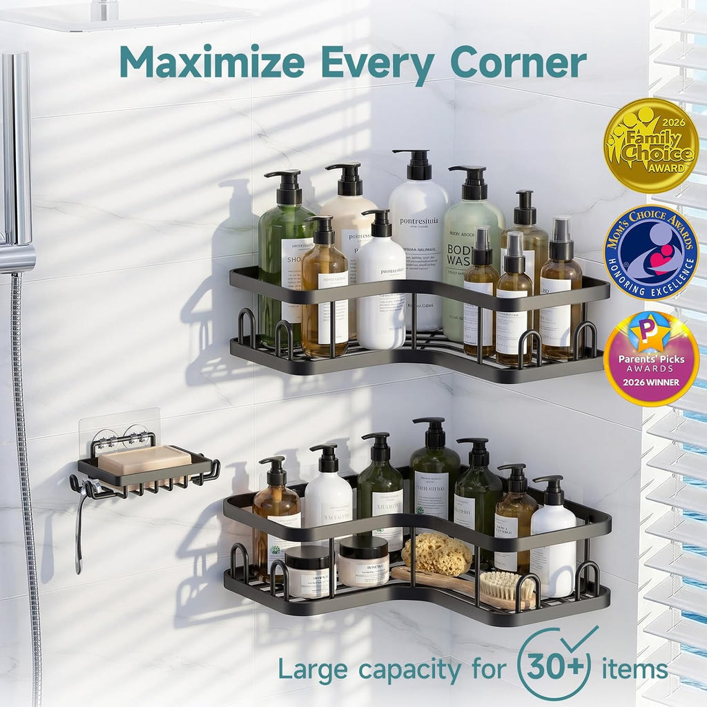 Corner Shower Caddy 3-Pack, Advanced Rustproof Design&Stable Storage | No Drilling Adhesive Shelves, Rack with Soap
