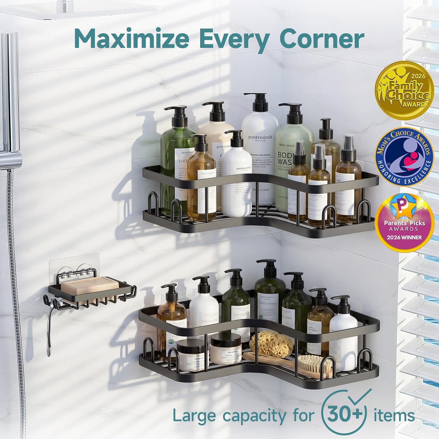 Corner Shower Caddy 3-Pack, Advanced Rustproof Design&Stable Storage | No Drilling Adhesive Shelves, Rack with Soap