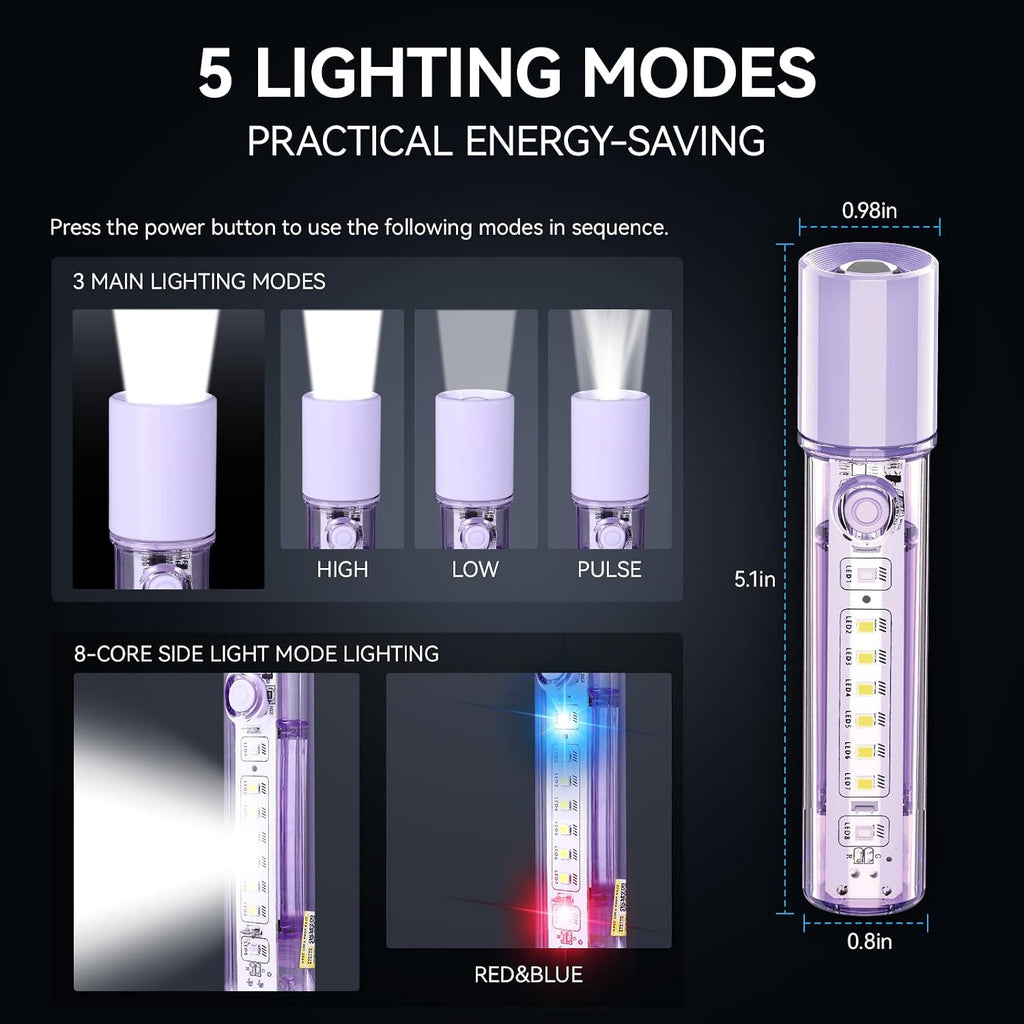 Purple LED EDC Flashlight - USB-C Rechargeable, Waterproof, Zoom Focus, 3 Modes, Red & Blue Emergency Strobe - Best