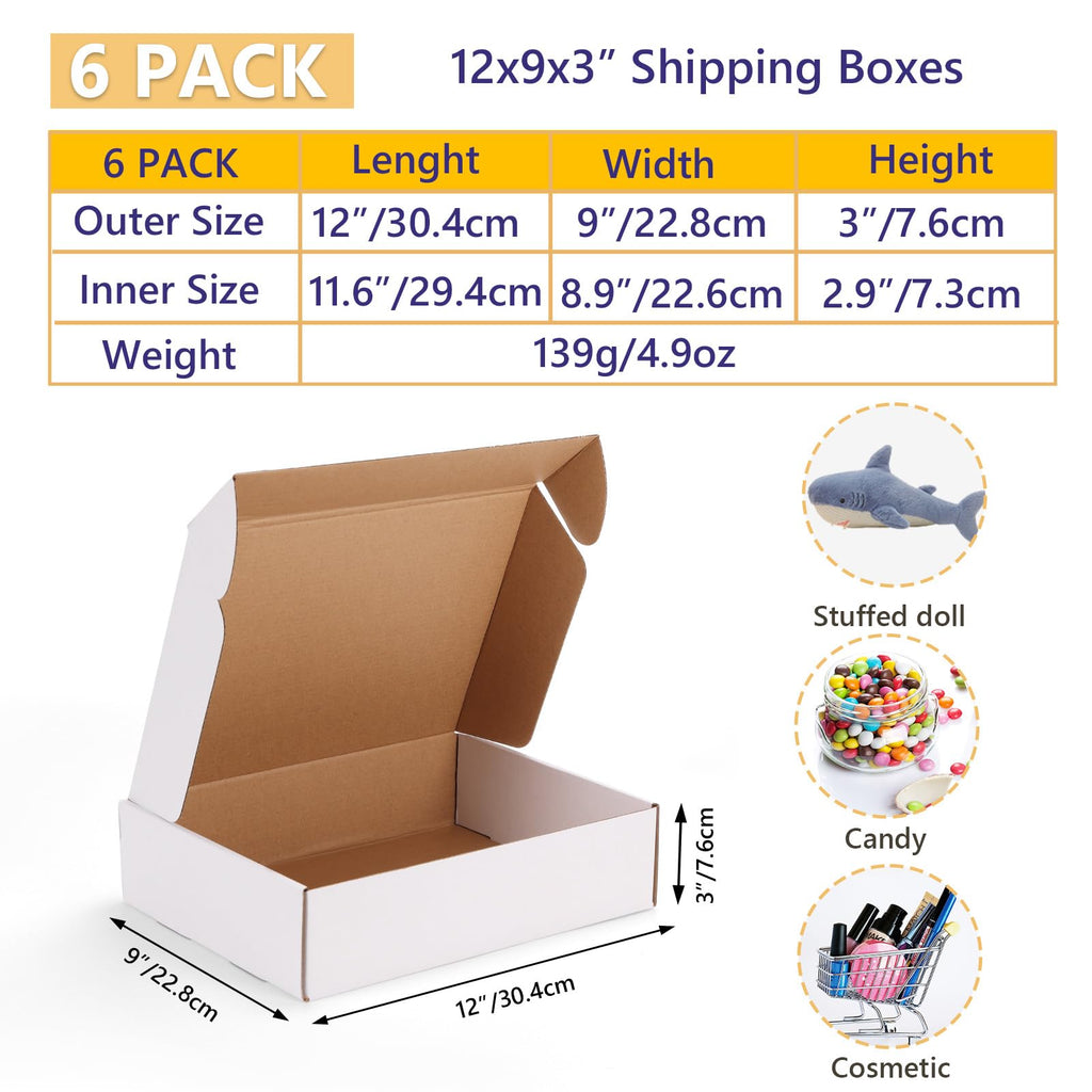 6 Pack 12x9x3 Shipping Boxes, White Corrugated Cardboard Boxes for Packaging Small Business, Moving, Shipping