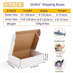 6 Pack 12x9x3 Shipping Boxes, White Corrugated Cardboard Boxes for Packaging Small Business, Moving, Shipping