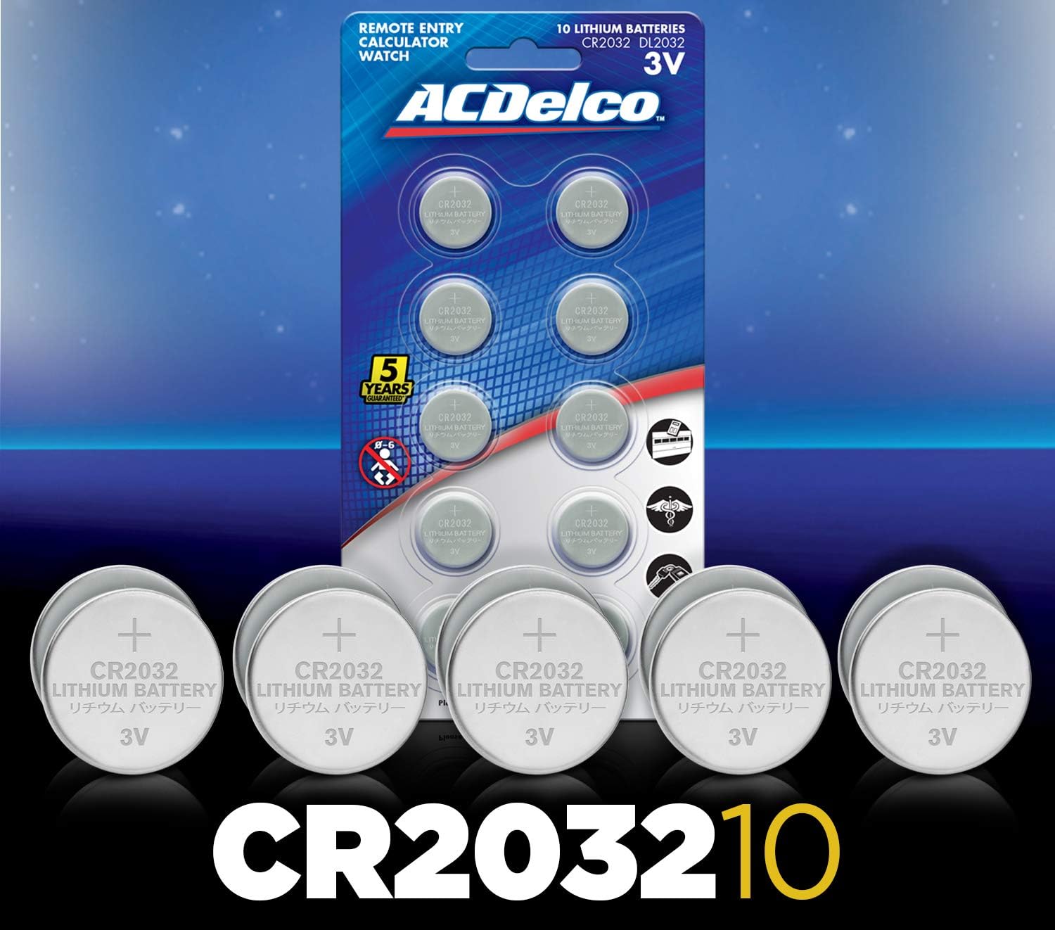 ACDelco CR2032 3V Lithium Coin Cell Battery, Watch and Electronics Button Batteries, 10-Count,Silver,AC669