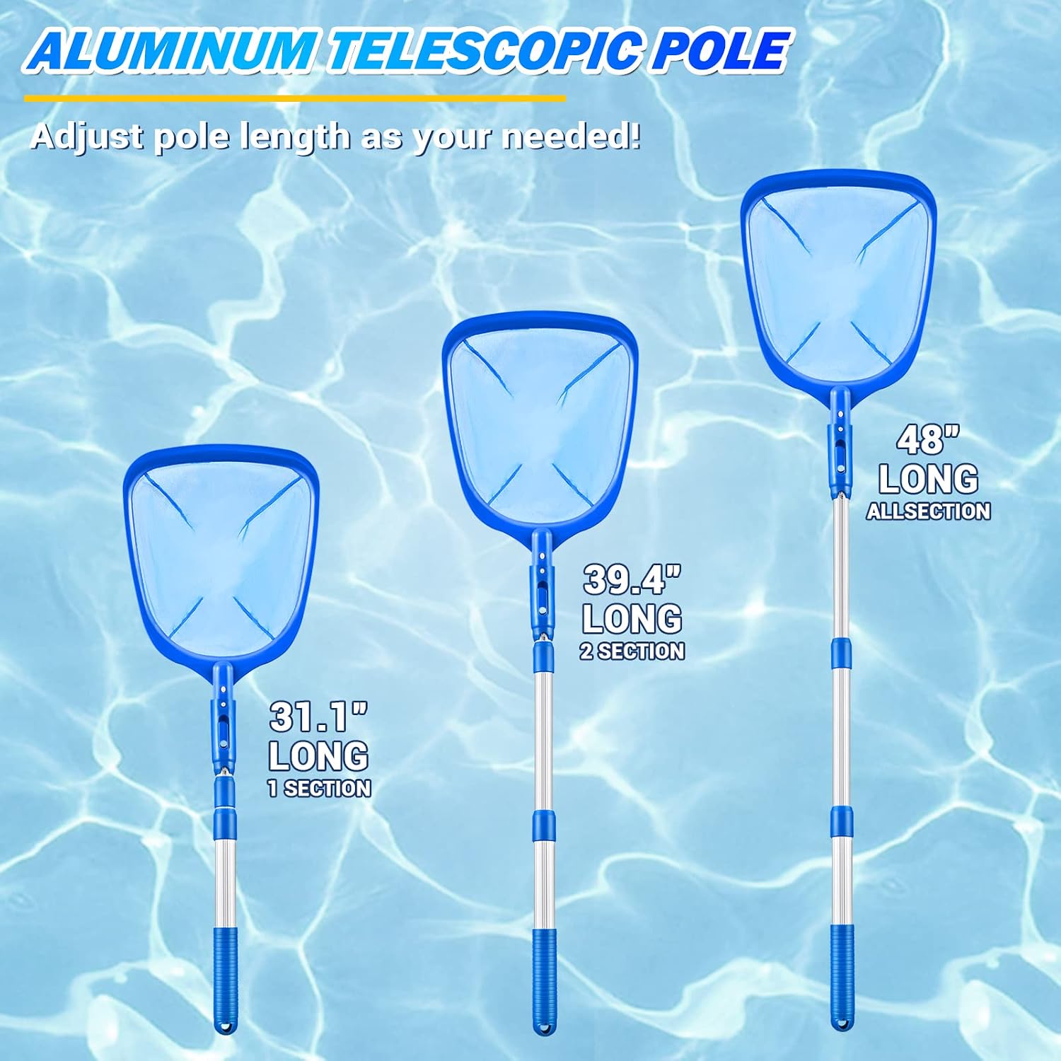 Pool Skimmer - Pool Net with 3 Section Pole, 48 inch Pool Skimmer Net with Pole Total Length, Pool Nets for Cleaning