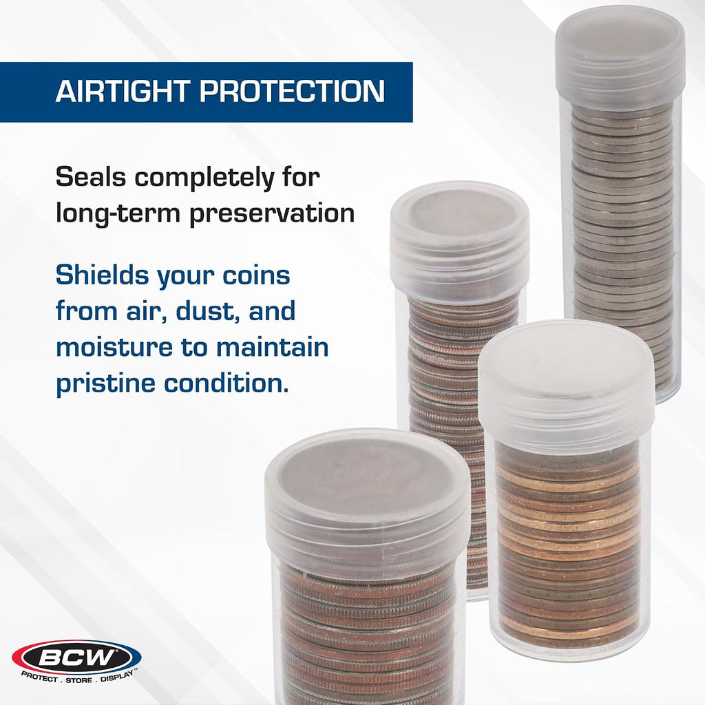 Coin Storage Tubes, Clear Plastic W/Screw on Tops for Pennies (Qty = 10 Tubes) by BCW