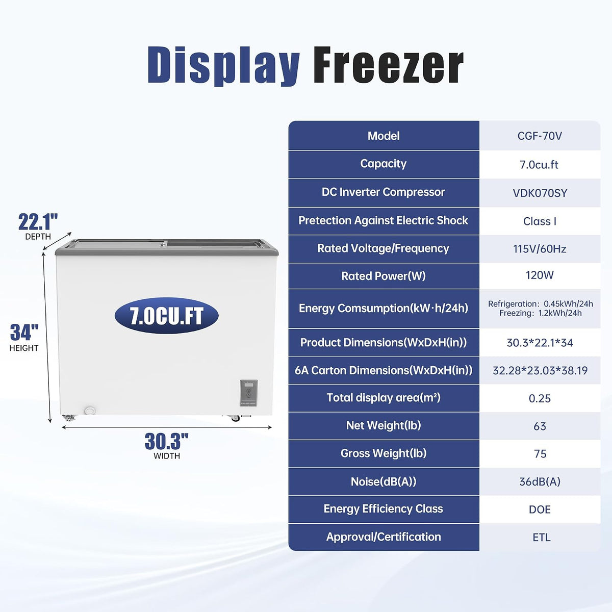 7.0Cu.Ft Inverter Flat‑Top commmercial Ice Cream Display Freezer DOE Listed