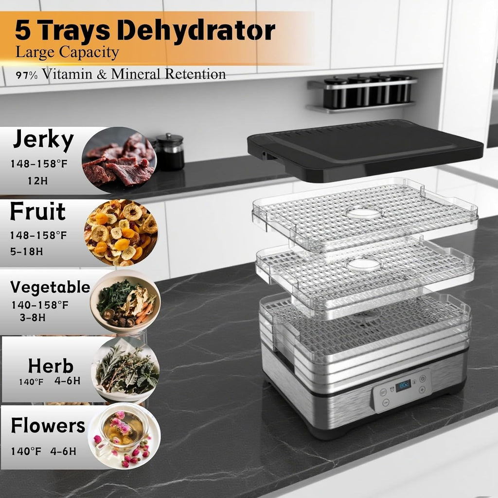 Food Dehydrator, 5 Stackable 12.6'' Trays Dehydrators with 24H Timer