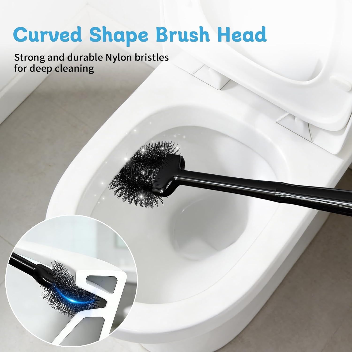 Toilet Brush and Plunger Set, Curved Head for Deep Cleaning, Black | Brush and Plunger set, Curved Nylon Bristles for
