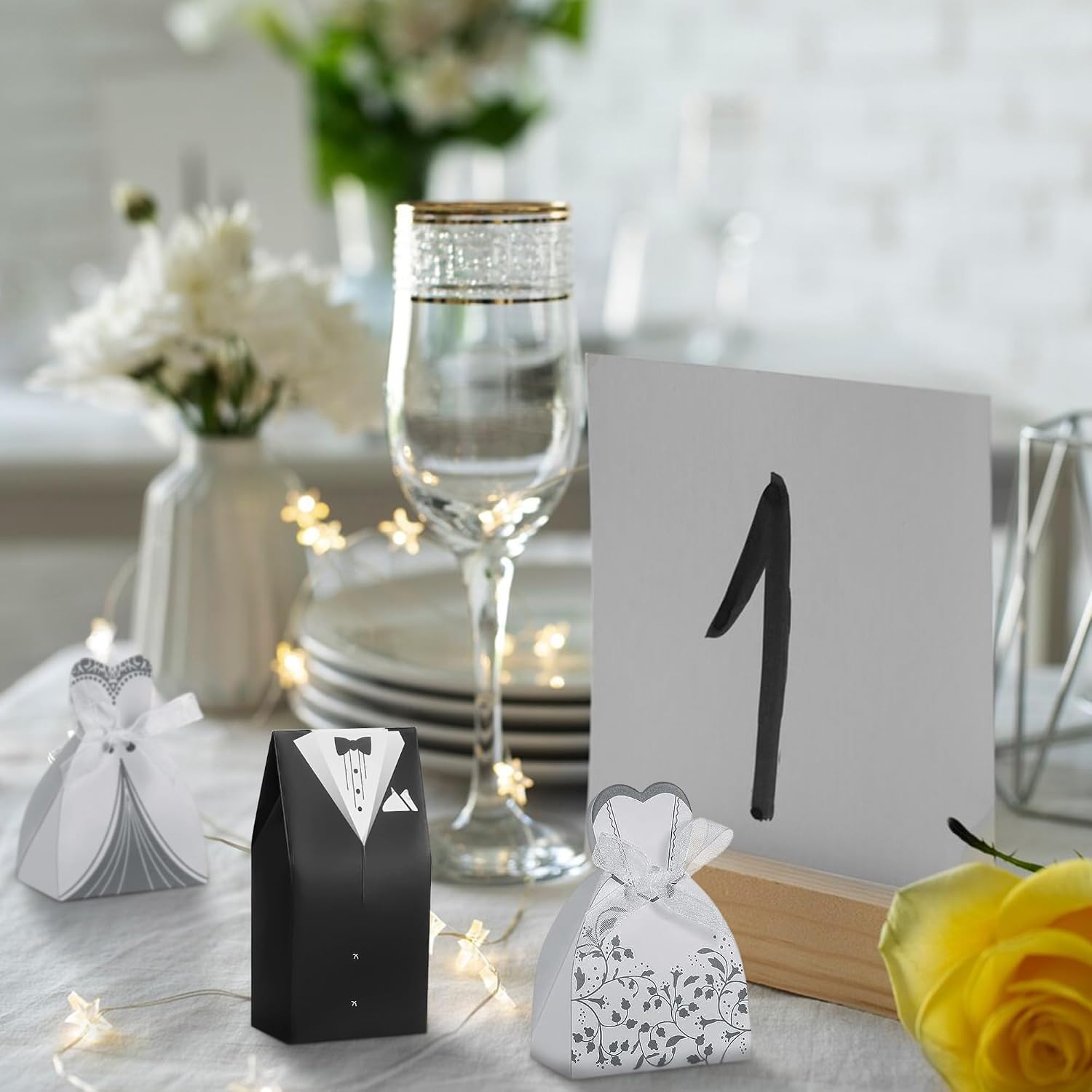 100 Pcs Wedding Candy Boxes, Tuxedo & Bride Favor Boxes, Creative Vintage Wedding Treat Bags with Ribbon for Bridal