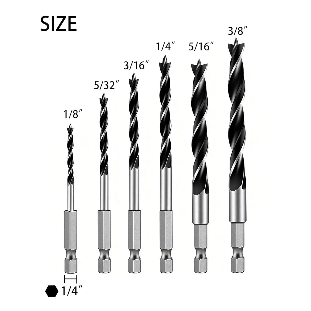 Brad Point Drill Bit Set, 6PCS Wood Drill Bits 1/8"-3/8" with Quick Change Hex Shank - Wood Drill Bit Set