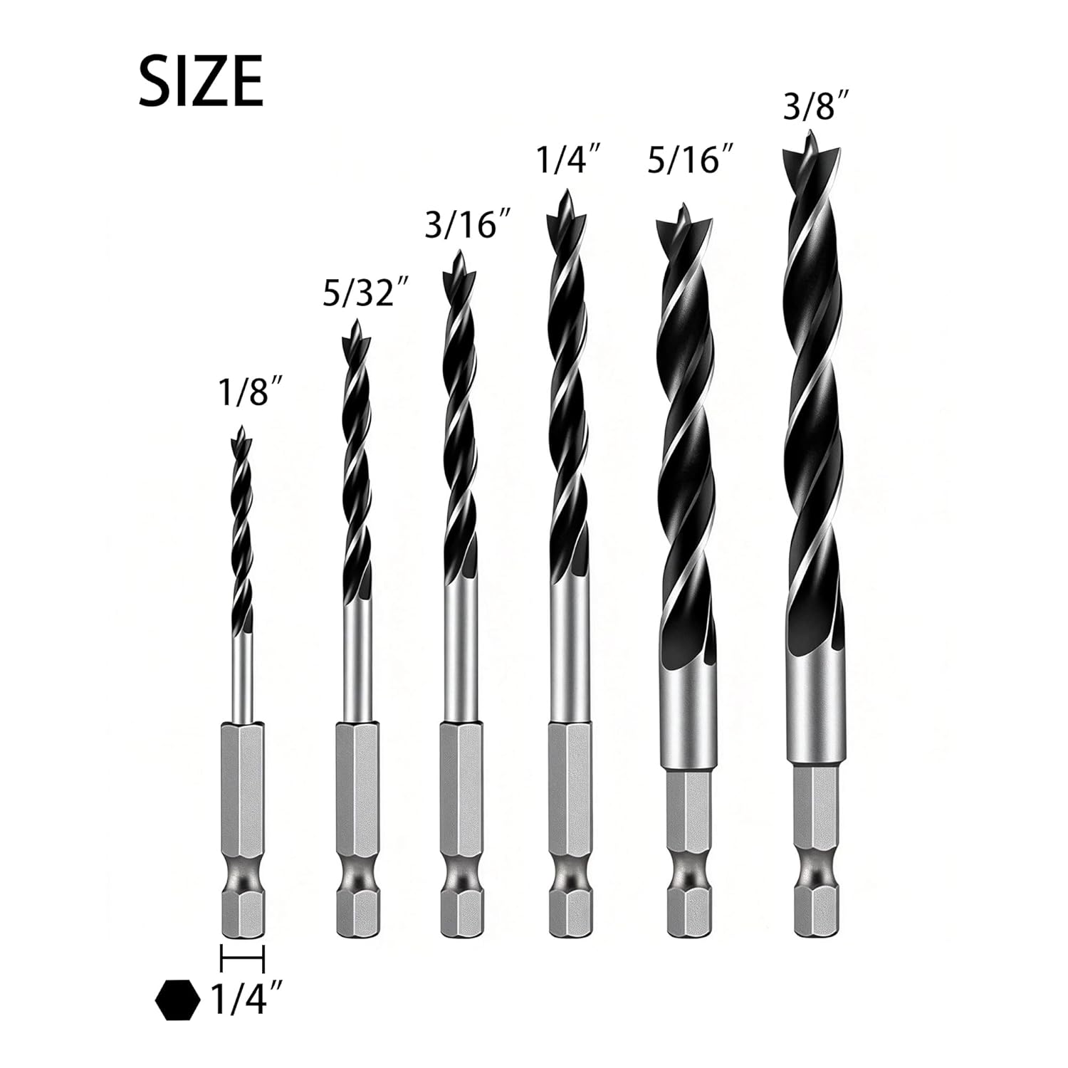 Brad Point Drill Bit Set, 6PCS Wood Drill Bits 1/8"-3/8" with Quick Change Hex Shank - Wood Drill Bit Set