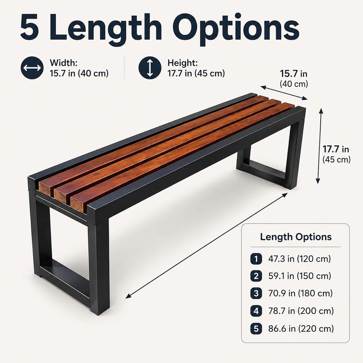 Outdoor Bench, Mid-Century Metal Park Bench, Outdoor Patio Park Benches with Waterproof Wood Seating, for Patio