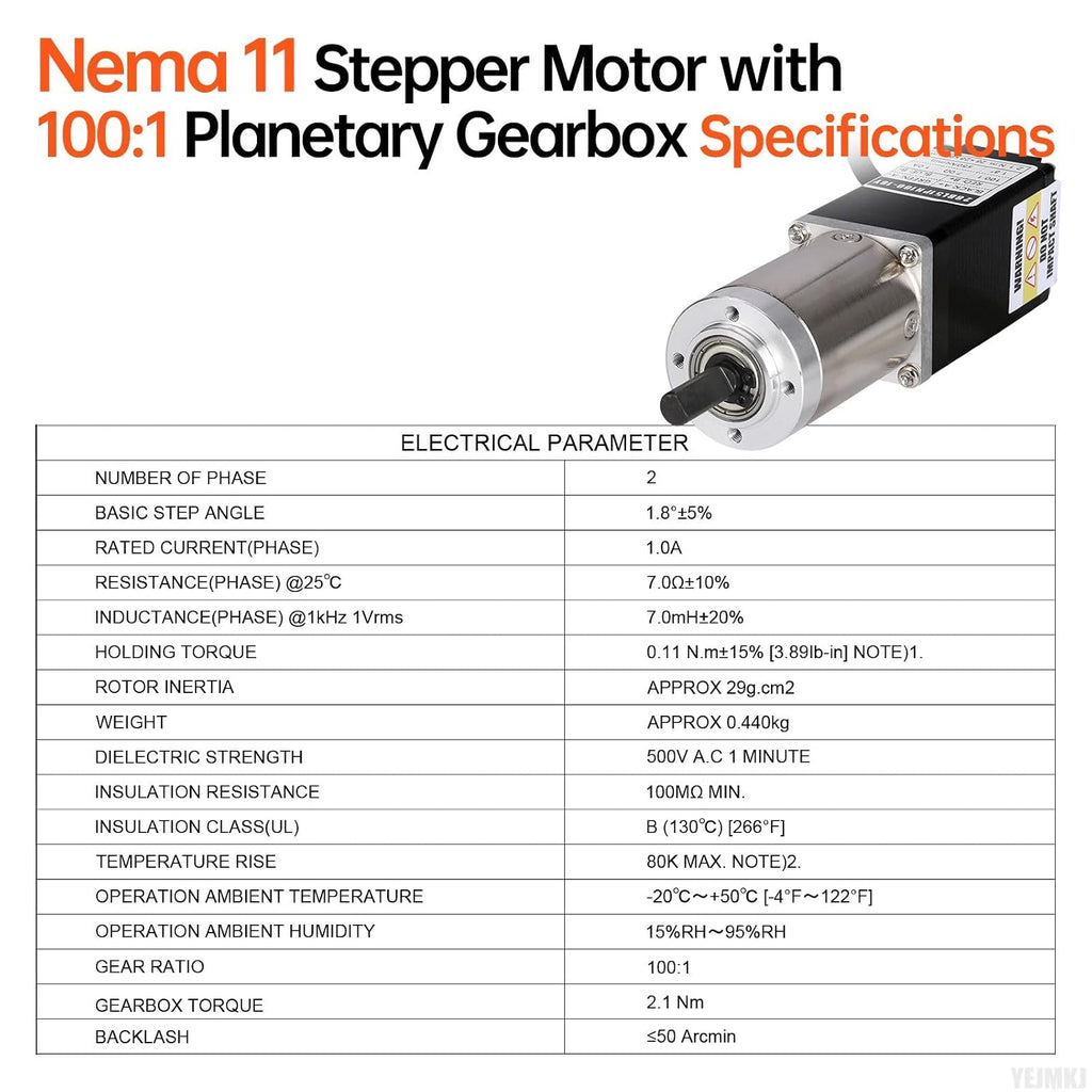 100:1 Planetary Gearbox Nema 11 Stepper Motor 11Ncm 28x94mm 1.0A