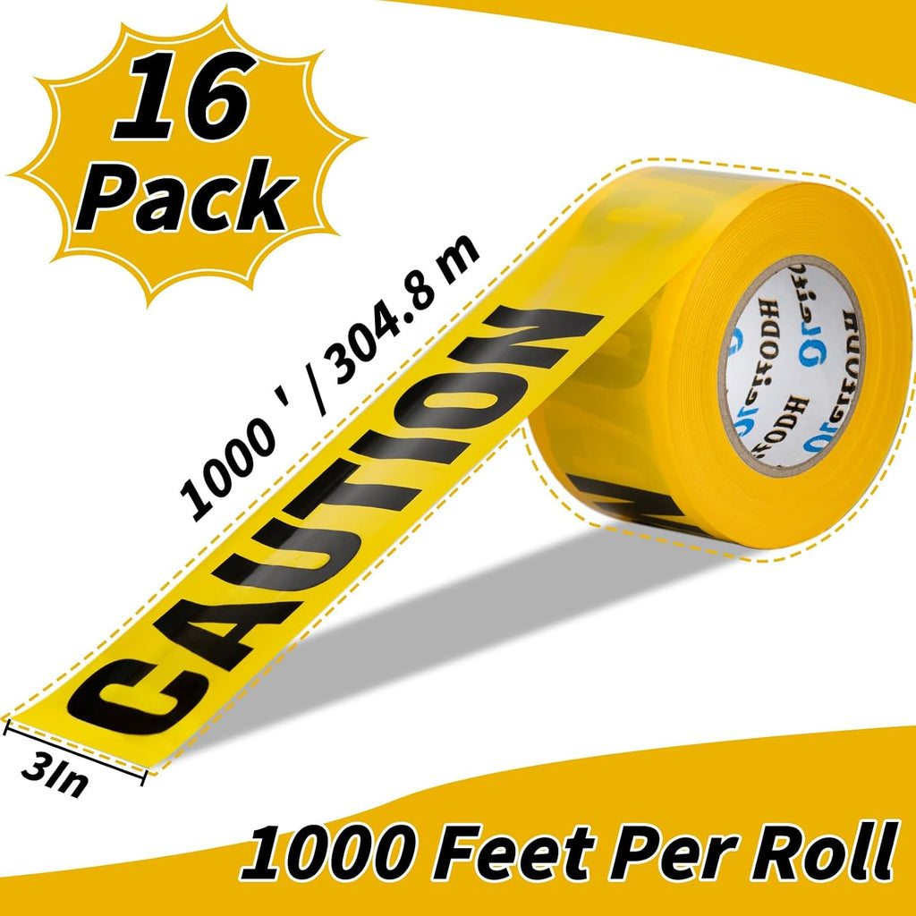 Yellow Caution Tape 16 Pack, 3inch x 1000 ft, Halloween Decoration Party Tape Bulk, Waterproof Construction Warning