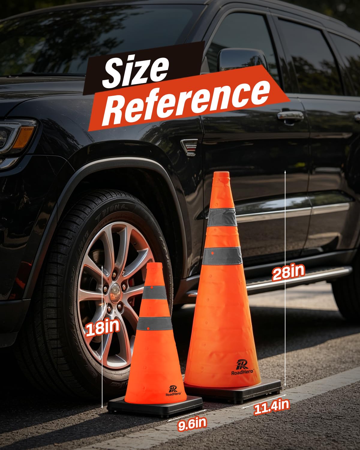 5 Pack 18 Inch Collapsible Traffic Cones with Black Base | Bag for Storage, Orange Cones with Reflective Collar for