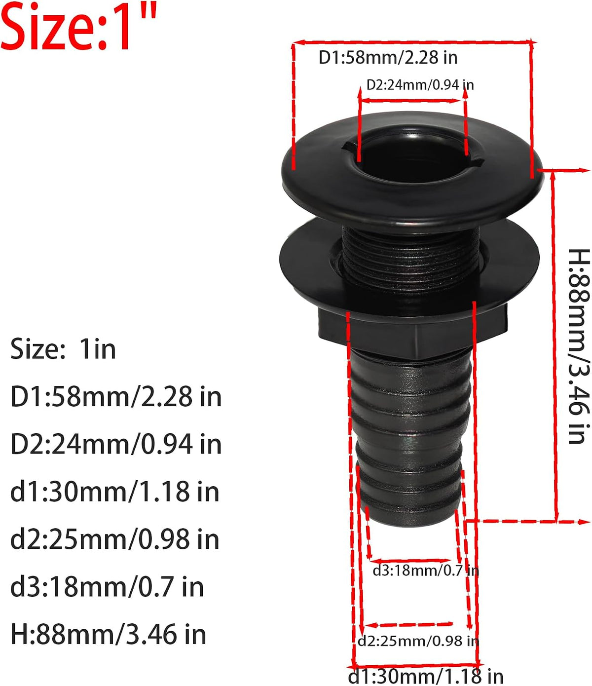 2Pcs Thru Hull Fitting(1"), Marine Through Hull Connector Fitting for Boats, Black