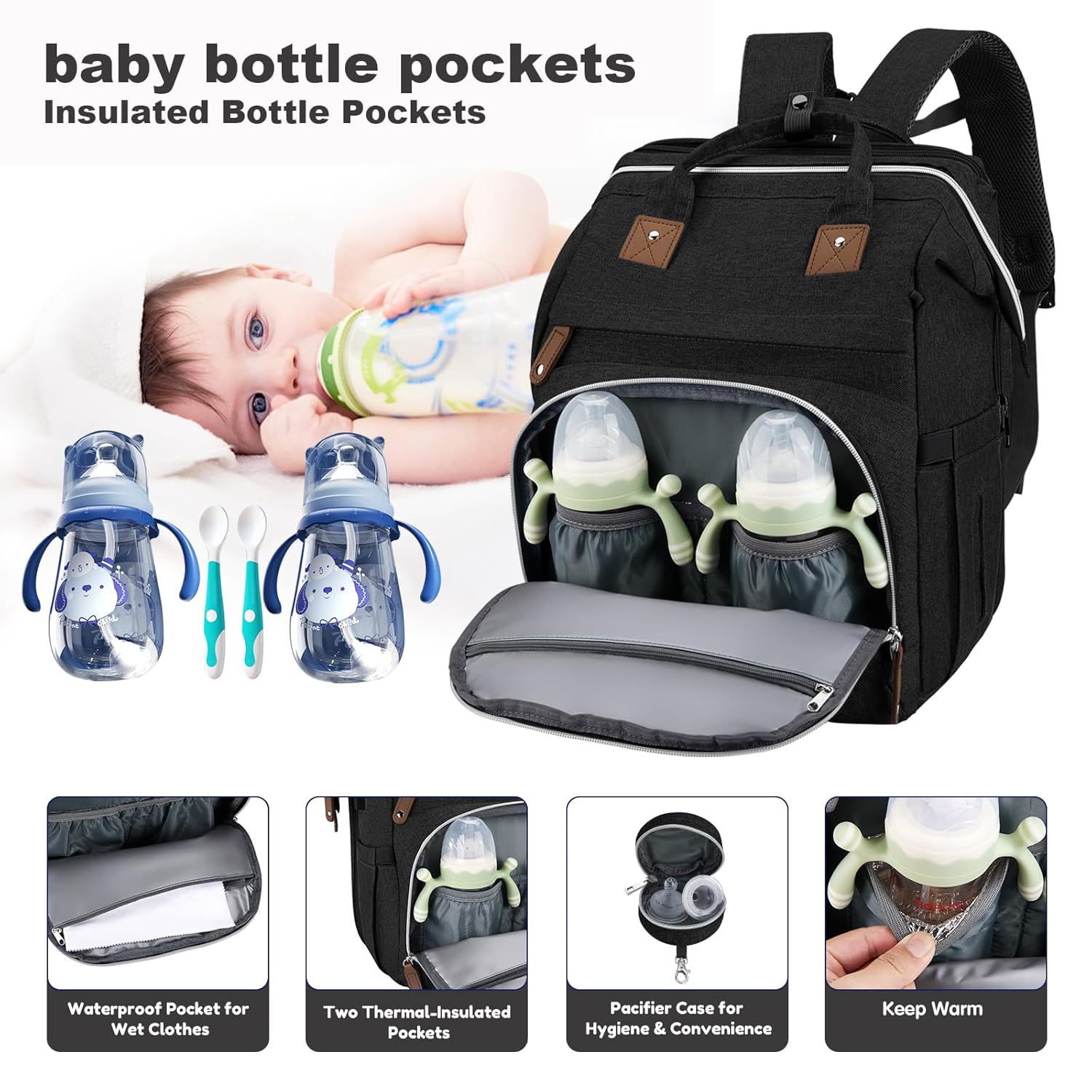 Diaper Bag Backpack, Large Baby Bag with Changing Pad, Thick Padded Back & Straps, Laptop Compartment, Waterproof
