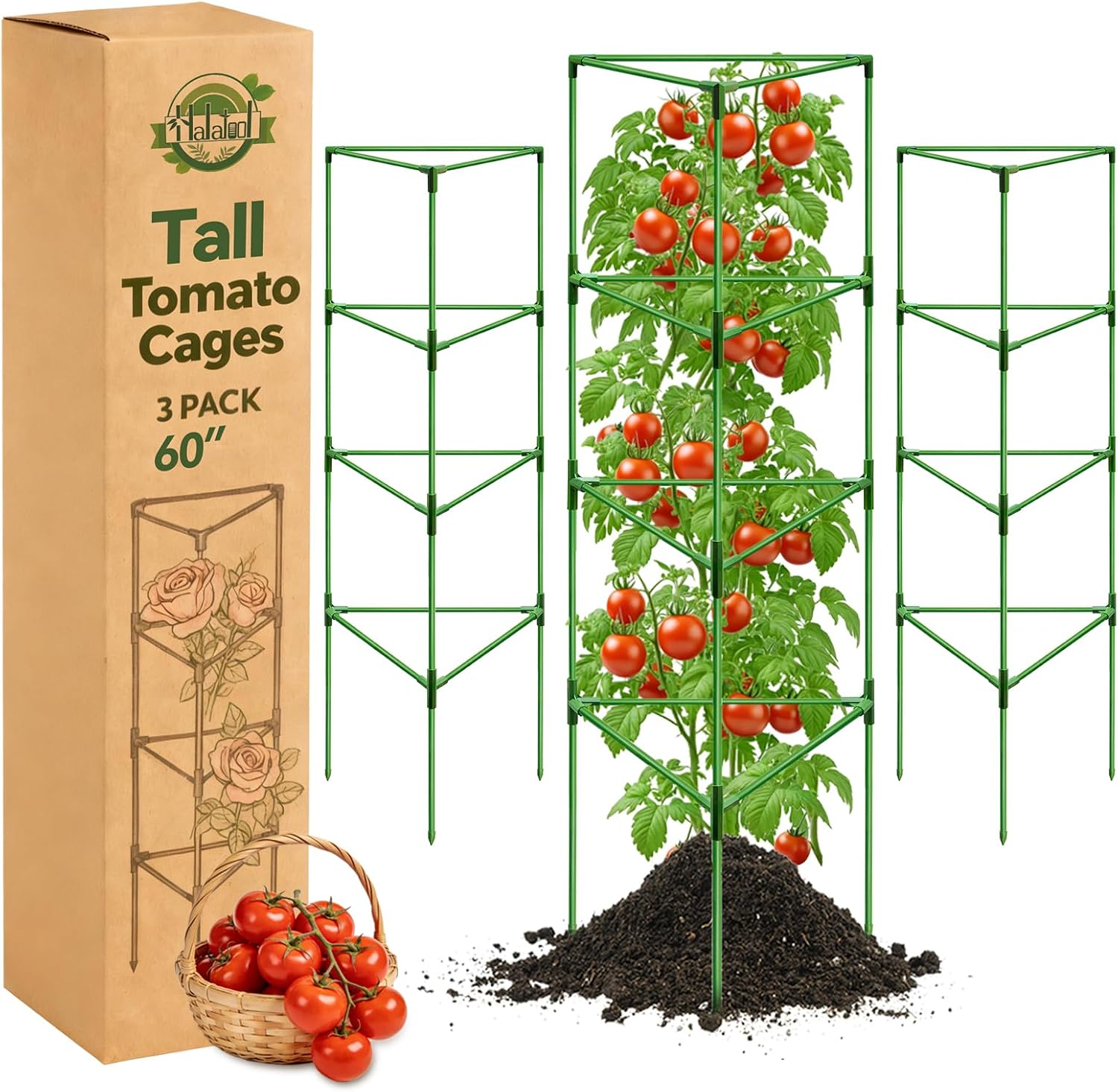 3 Pack Tomato Cages for Graden 60 Inch, Adjustable Metal Tall Heavy Duty Tomato Trellis Plant Support, Tomatoes
