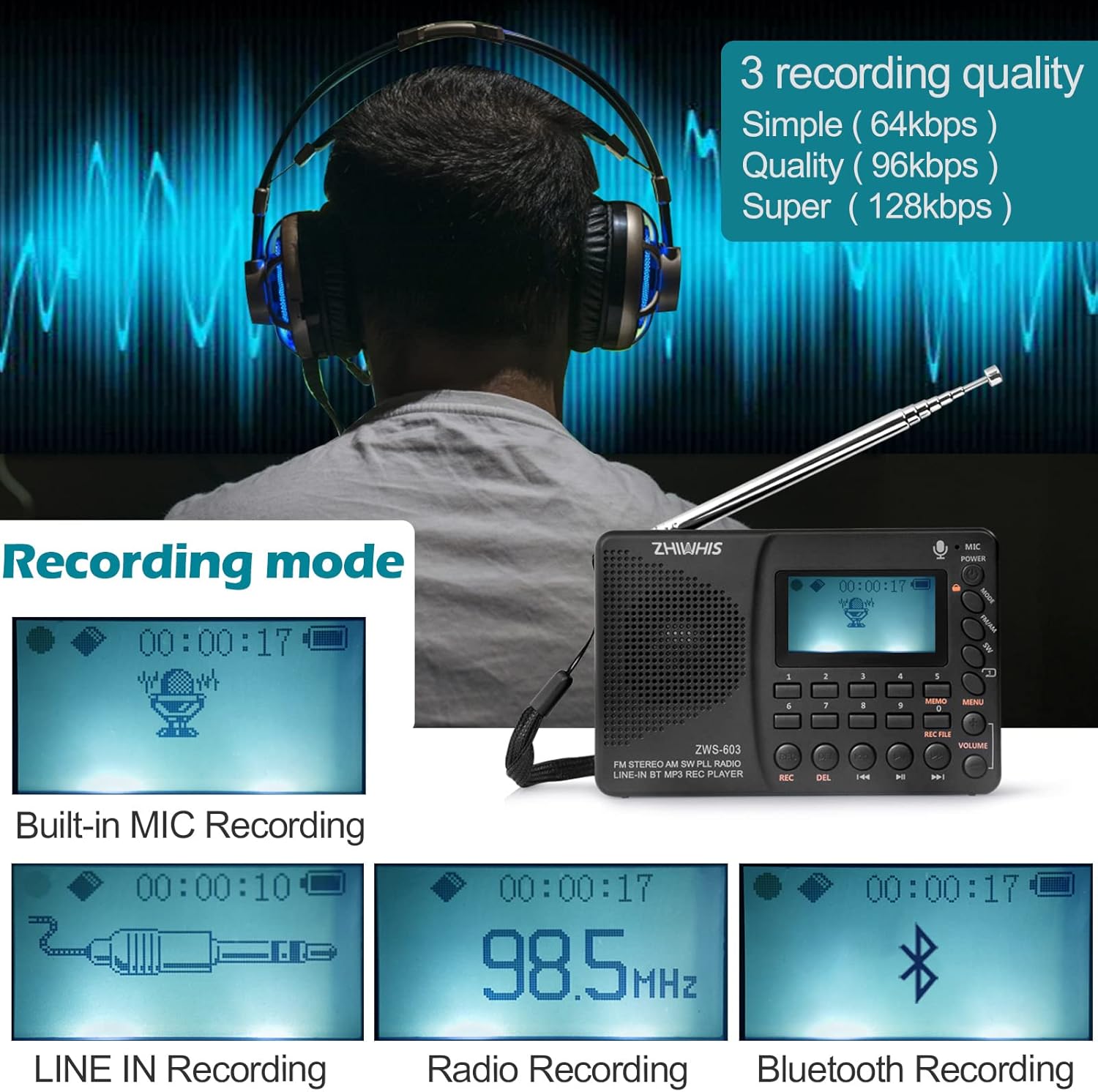 Portable Bluetooth Radio, FM AM Shortwave Radios with Sleep Timer and Preset Function, Rechargeable Digital Recorder