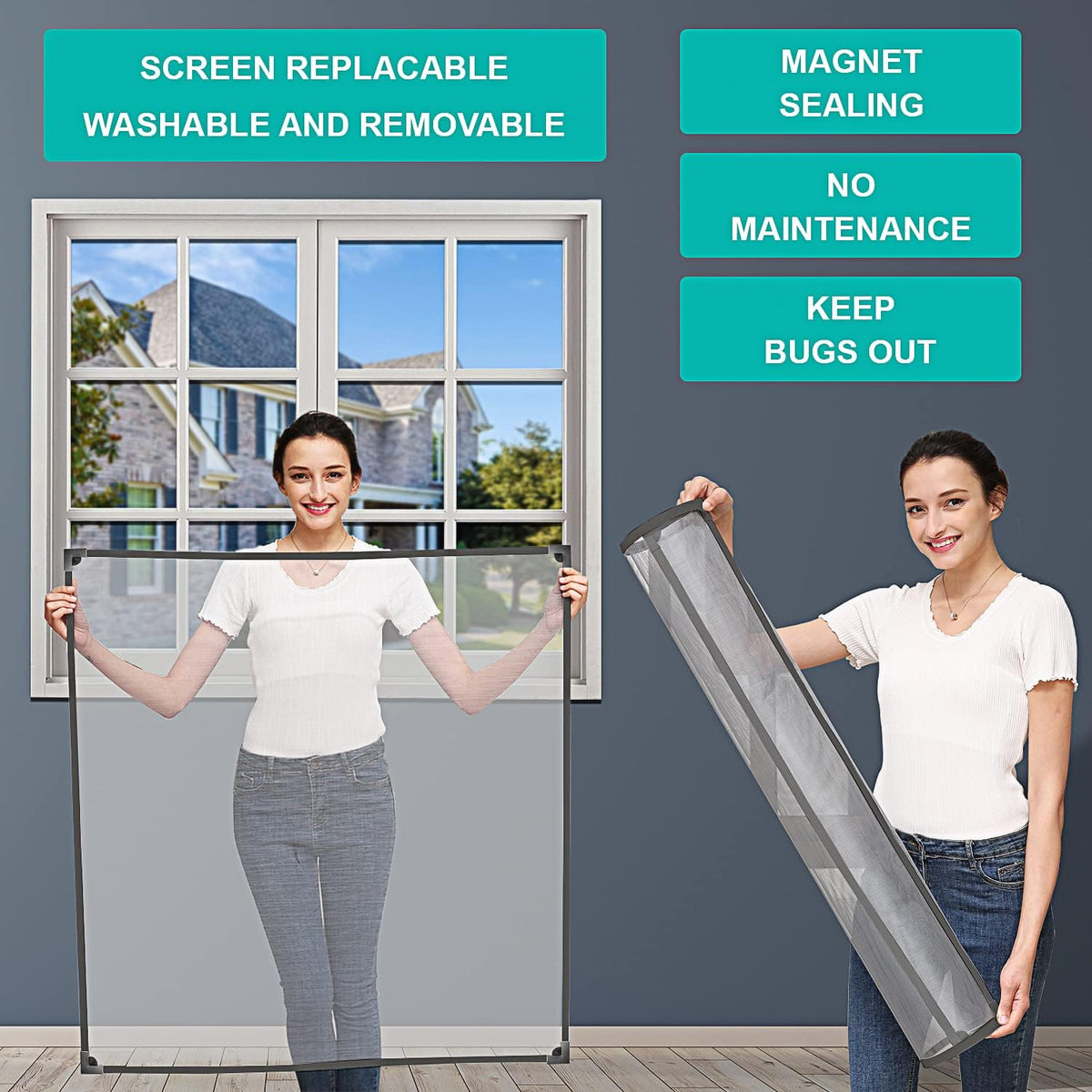 Adjustable DIY Magnetic Window Screen Max 60"x 48" Fits Any Size Smaller Gray Frame Fiberglass Mesh with Extra