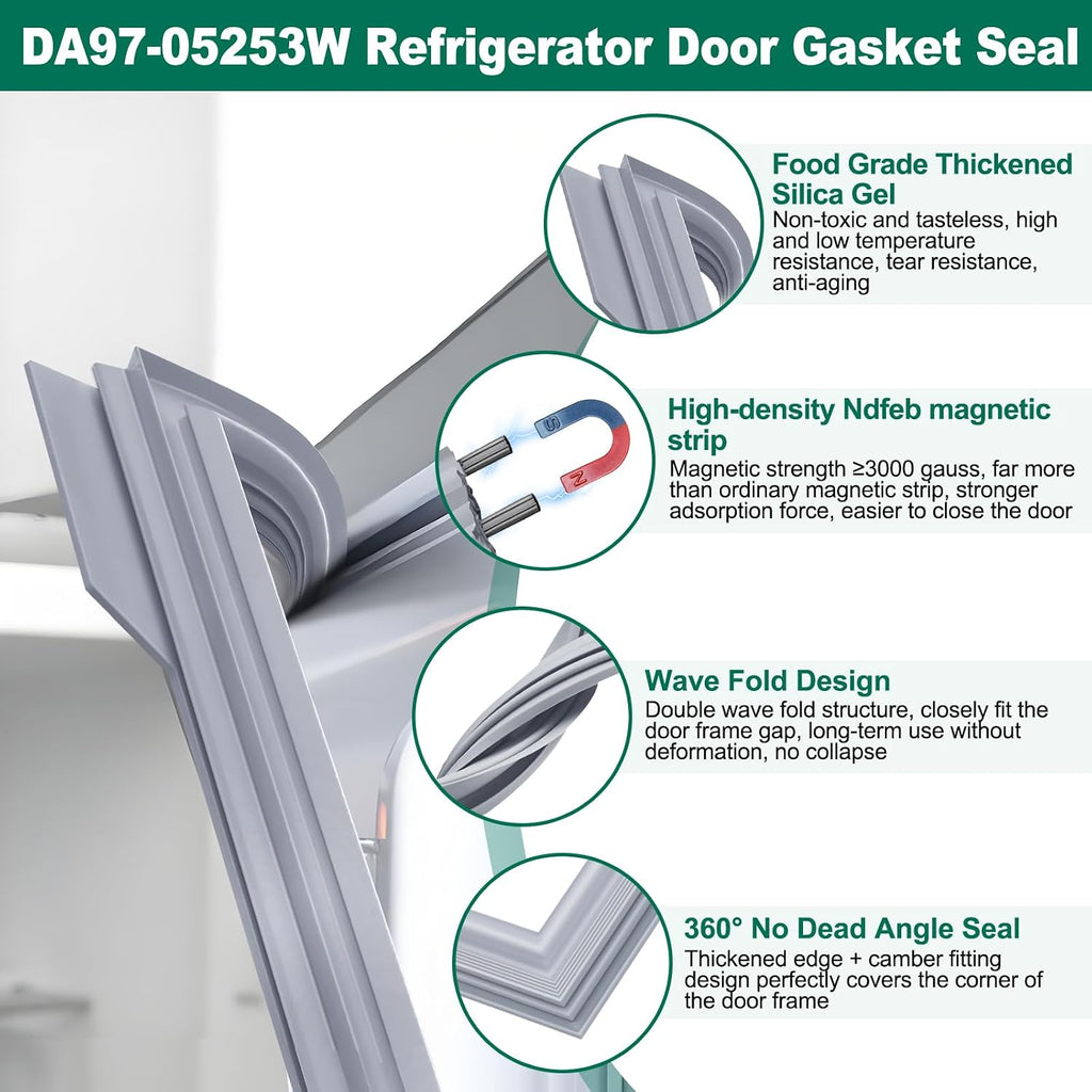UPGRADED DA97-05253W Refrigerator Door Gasket Replacement Compatible with Samsung Refrigerator Parts Door Seal, Replaces RF28HFEDBWW RF28HFEDBSR RF28HFEDTWW RF323TEDBSR Fresh Food Door Gasket
